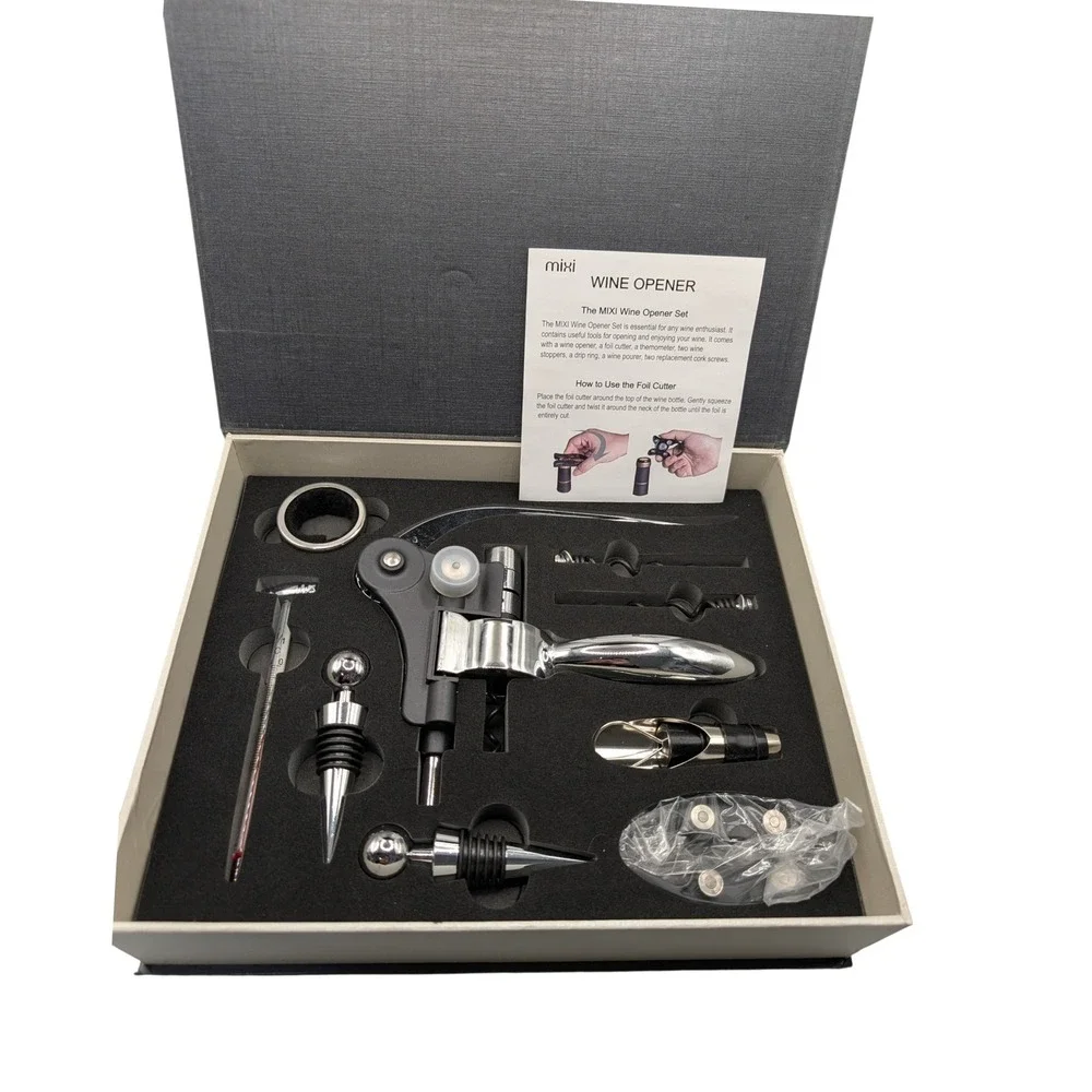 NIB Mixi Wine Accessory Set‎ Rabbit Lever Corkscrew Foil Cutter Pourer Stopper
